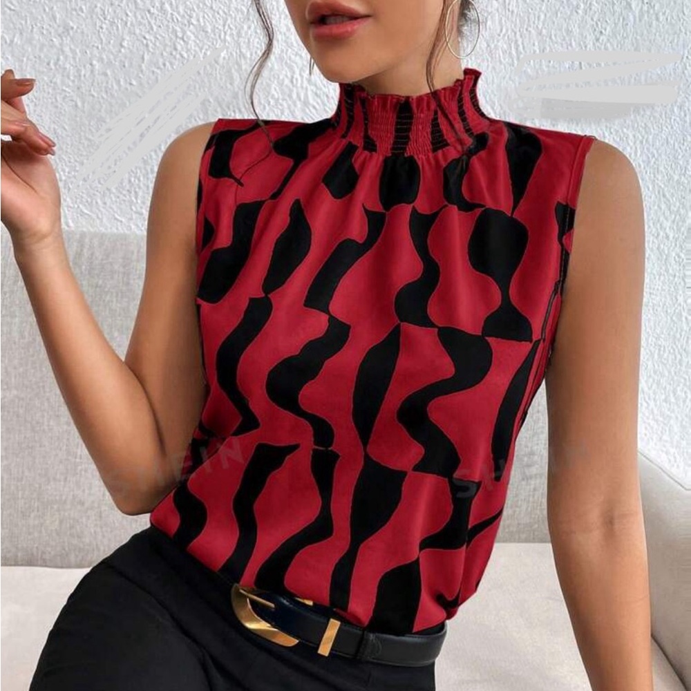 stand collar sleeveless blouse red and black - medium